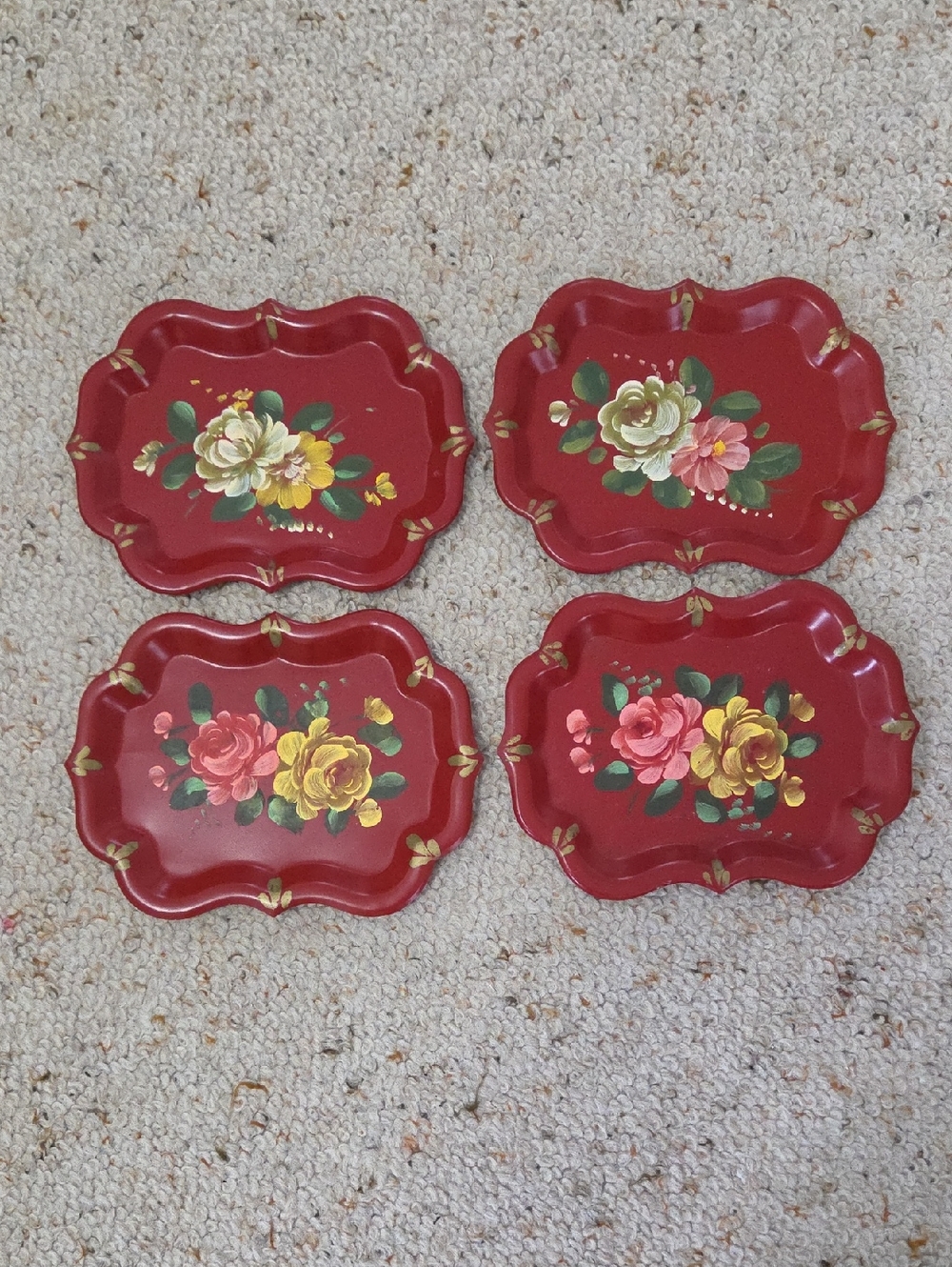 Hand Painted Red Toleware Trays